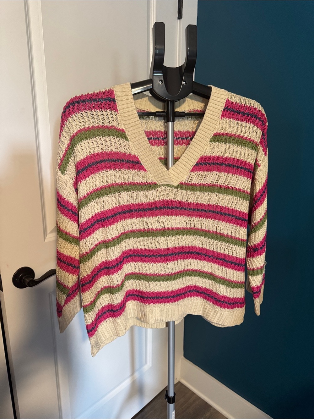 LOFT Cream V-Neck Sweater with Pink and Olive Stripes